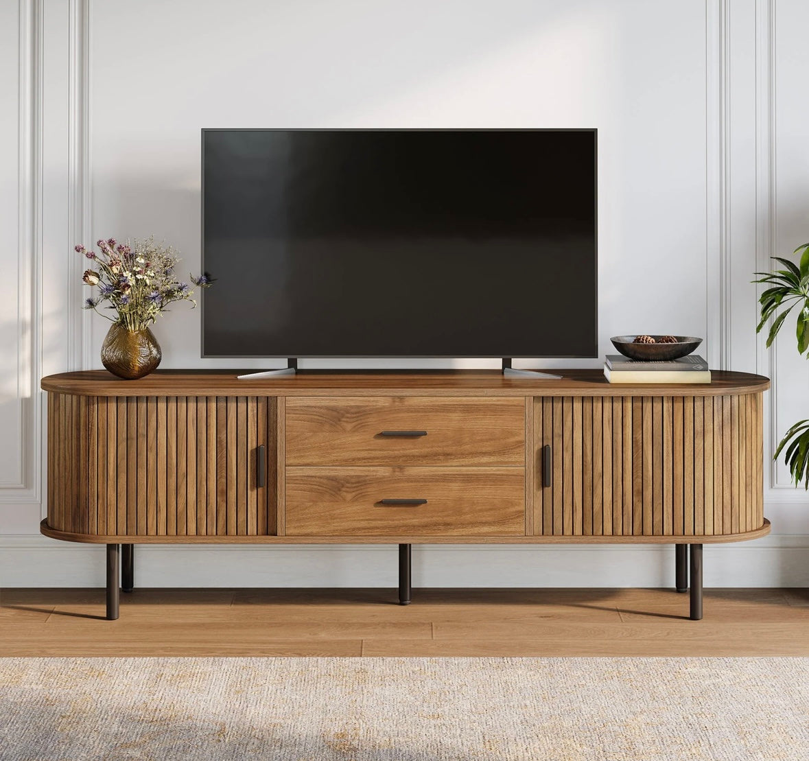 70" TV Stand, Modern Media Console with Storage and Sliding Tambour Door