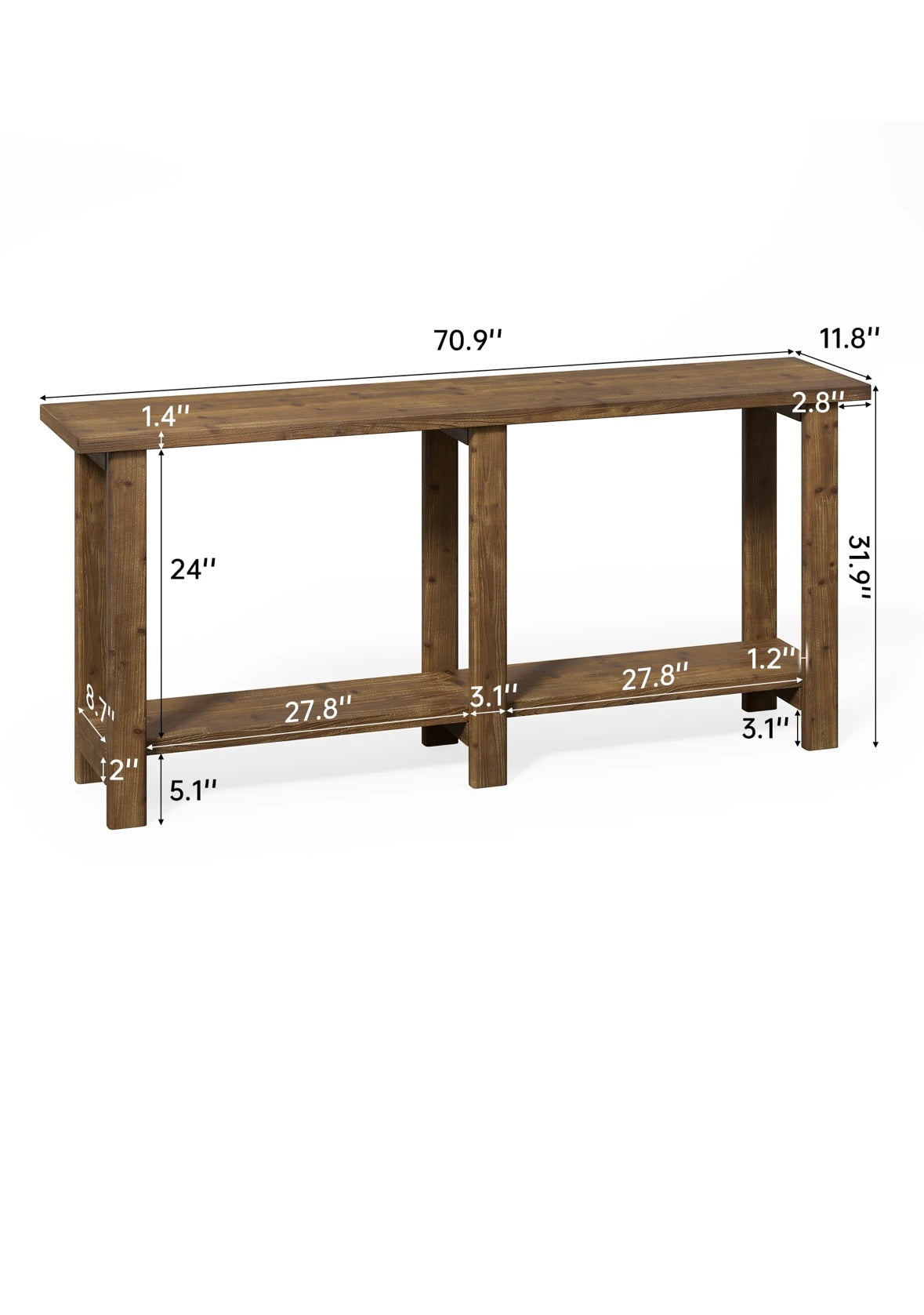 Solid Wood Console Table, 70.9" Sofa Table Behind Couch for Entryway