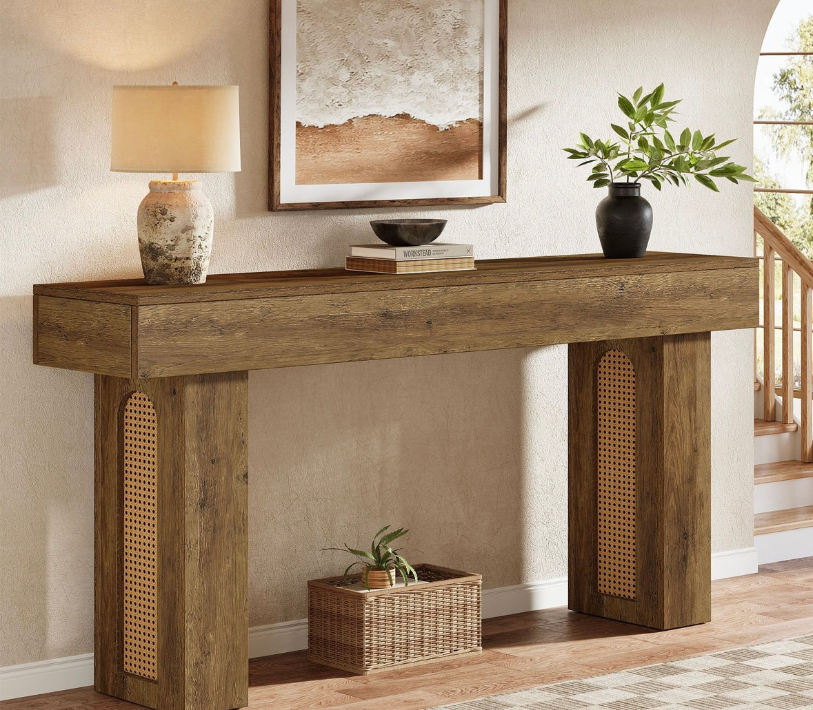 63" Console Table, Farmhouse Sofa Entryway Table Rattan Accent Table