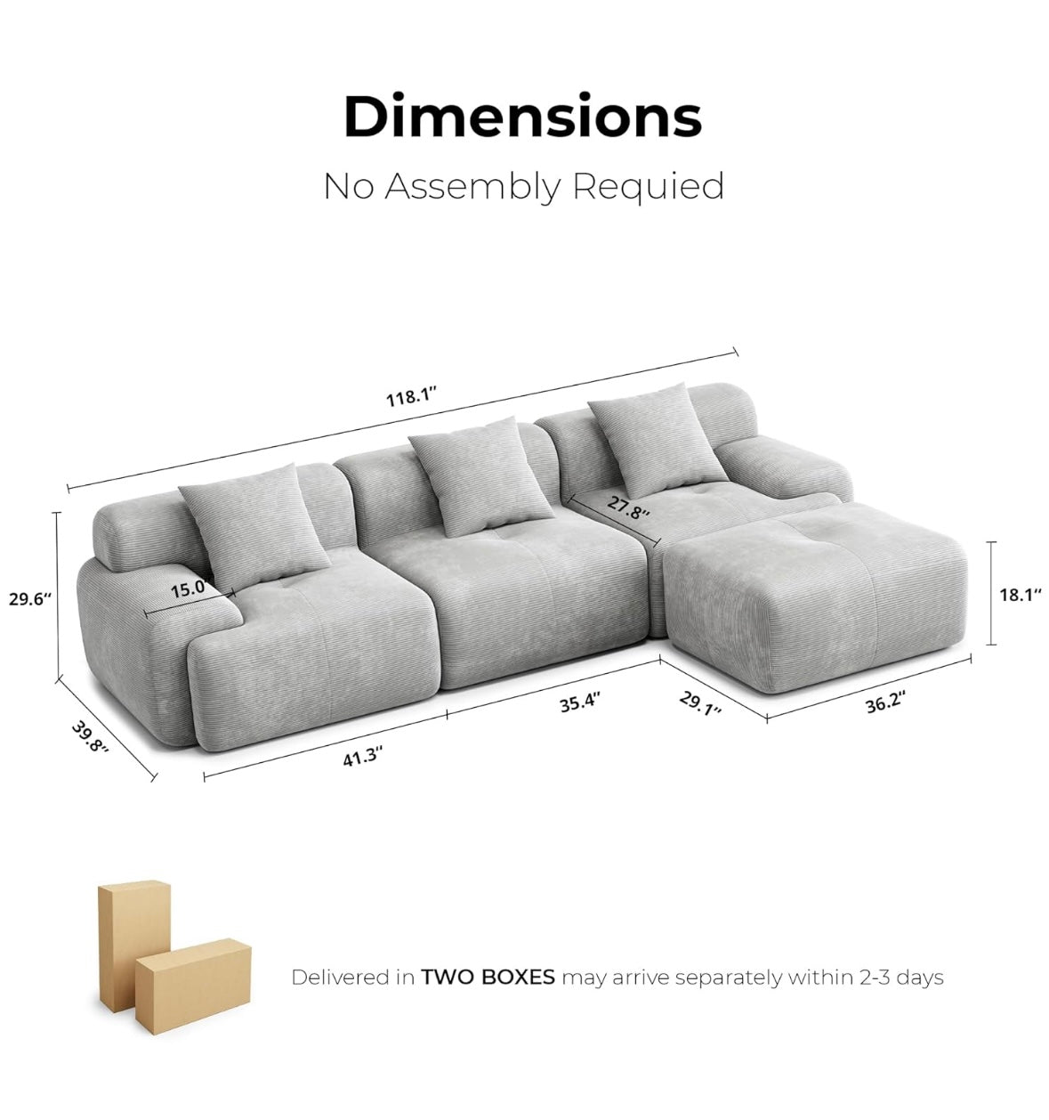 118" Modern L-Shaped Modular Sectional Sofa for Living Room