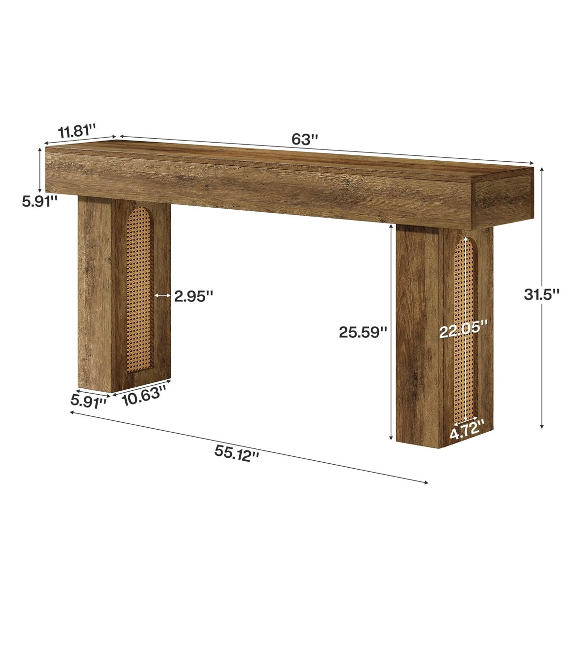 63" Console Table, Farmhouse Sofa Entryway Table Rattan Accent Table