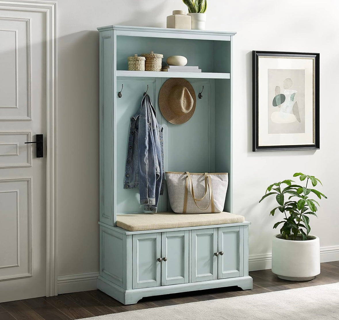 Hall Tree with Shoe Rack Bench and Coat Hooks for Hanging Storage, Distressed Seafoam Blue