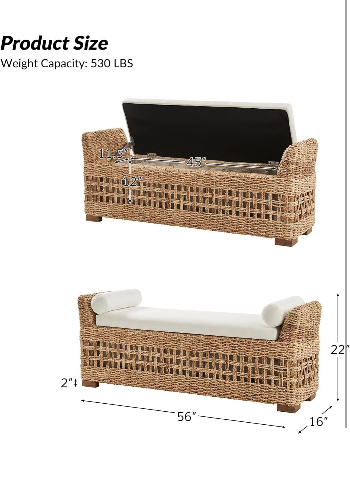 Rattan Storage Bench, Upholstered End of Bed Ottoman Bench