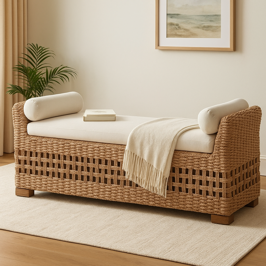 Rattan Storage Bench, Upholstered End of Bed Ottoman Bench