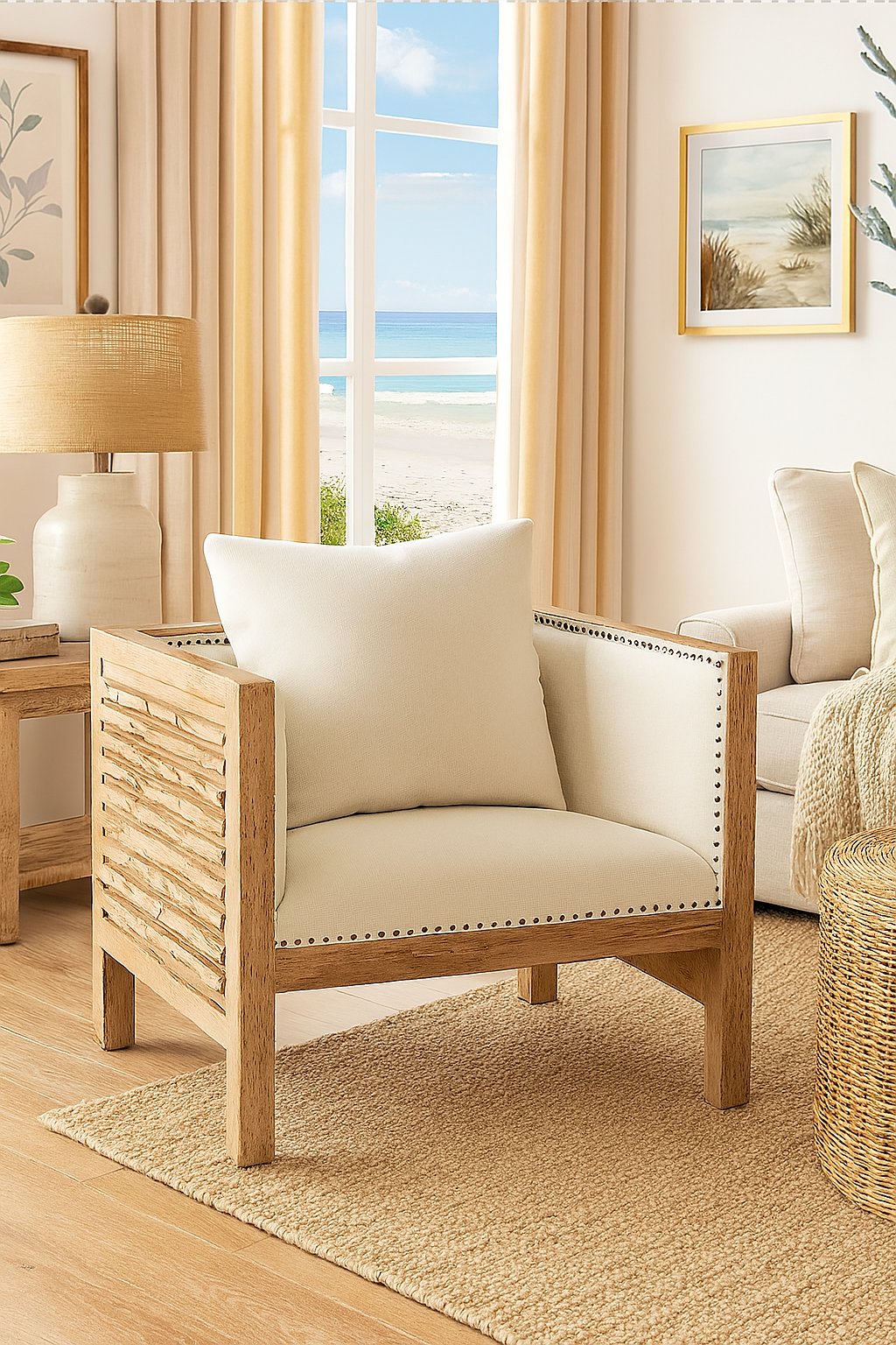 Coastal Wood Accent Chair with Cream Upholstery
