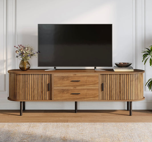 70" TV Stand, Modern Media Console with Storage and Sliding Tambour Door