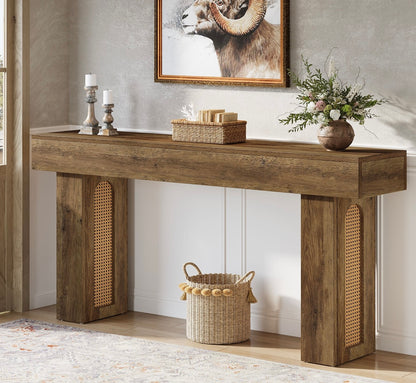 63" Console Table, Farmhouse Sofa Entryway Table Rattan Accent Table