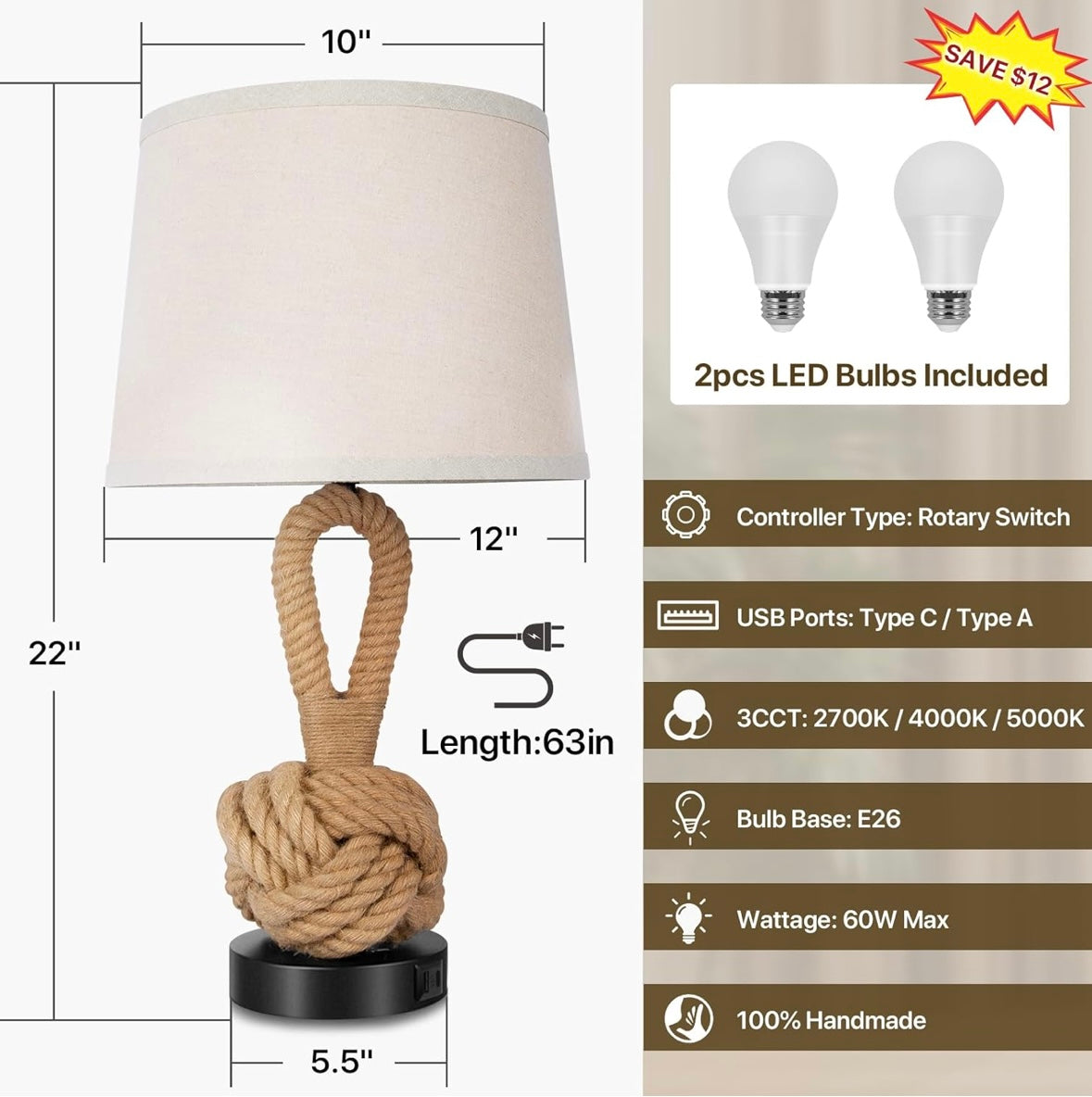 22" Rope Lamps for Night Stands
