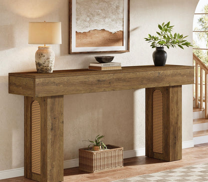 63" Console Table, Farmhouse Sofa Entryway Table Rattan Accent Table