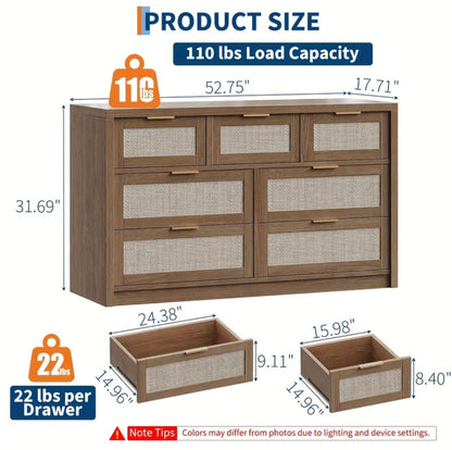 52" Wide Bohemian 7-Drawer Dresser with Rattan Fronts & Golden Handles