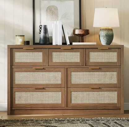 52" Wide Bohemian 7-Drawer Dresser with Rattan Fronts & Golden Handles
