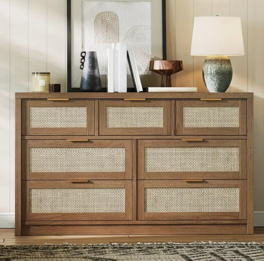 52" Wide Bohemian 7-Drawer Dresser with Rattan Fronts & Golden Handles
