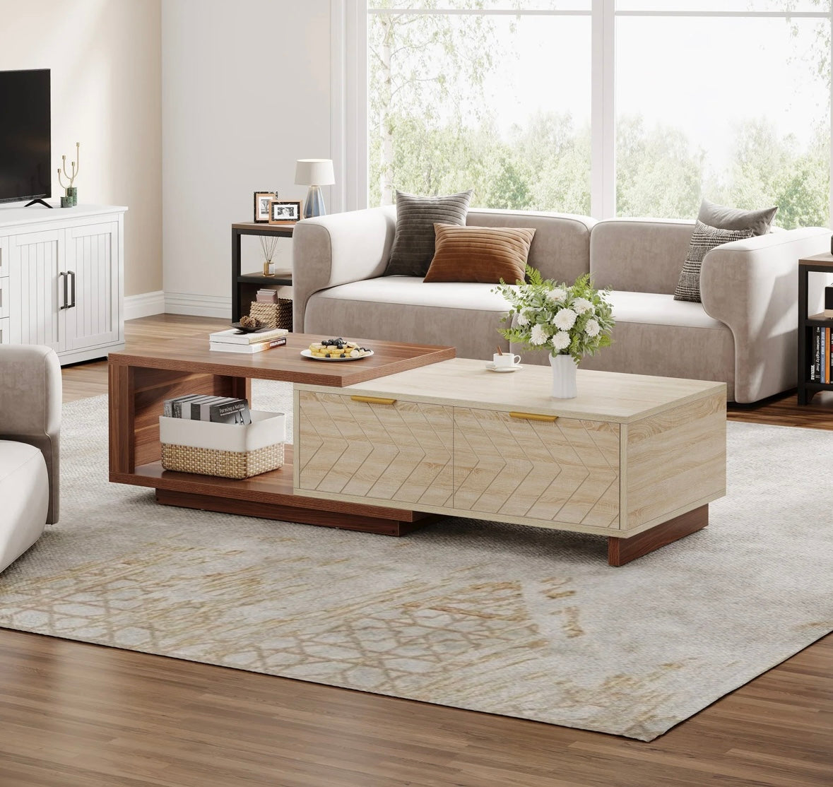 Extendable Coffee Table, Center Table Cocktail Table with 2 Storage Drawers