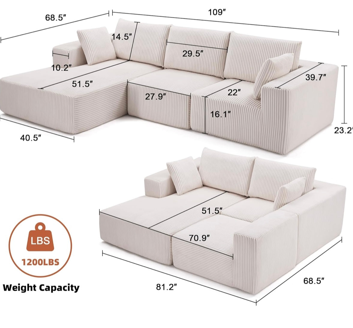 108” Modular Sectional Sofa, Cloud Sectional Couch with Deep Seat