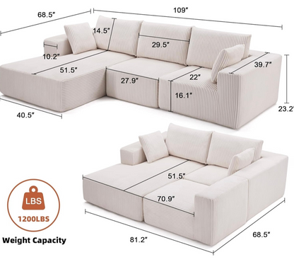 108” Modular Sectional Sofa, Cloud Sectional Couch with Deep Seat