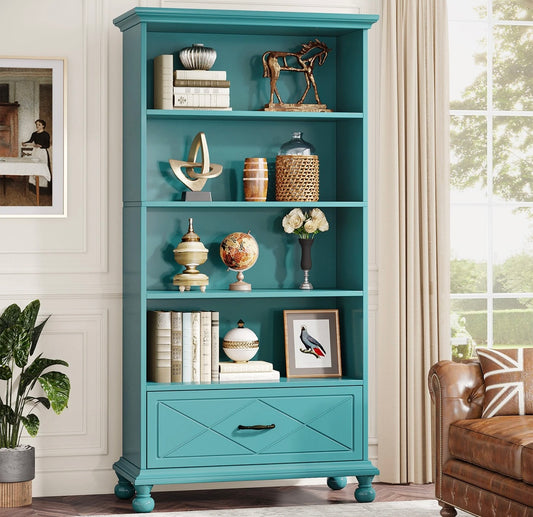 5-Shelf Bookcase with Drawer, 71" Bookshelf with Solid Wood Legs
