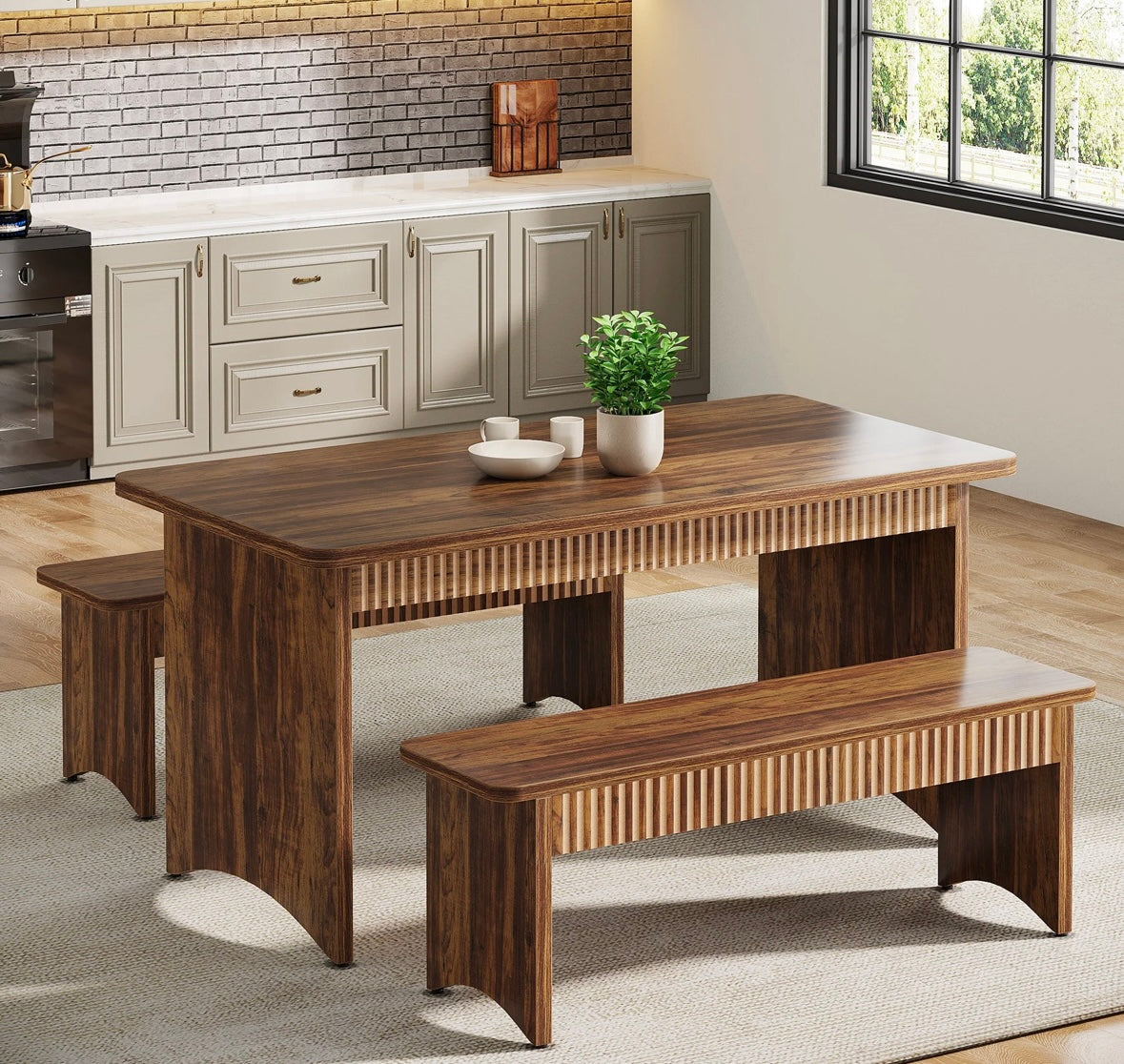55" Kitchen Table with 2 Benches, 3-Piece Dining Table Set for 4-6 People