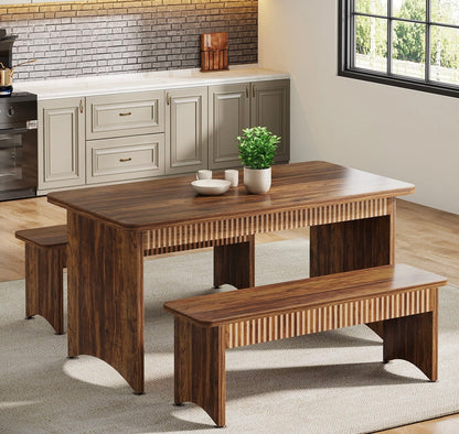 55" Kitchen Table with 2 Benches, 3-Piece Dining Table Set for 4-6 People