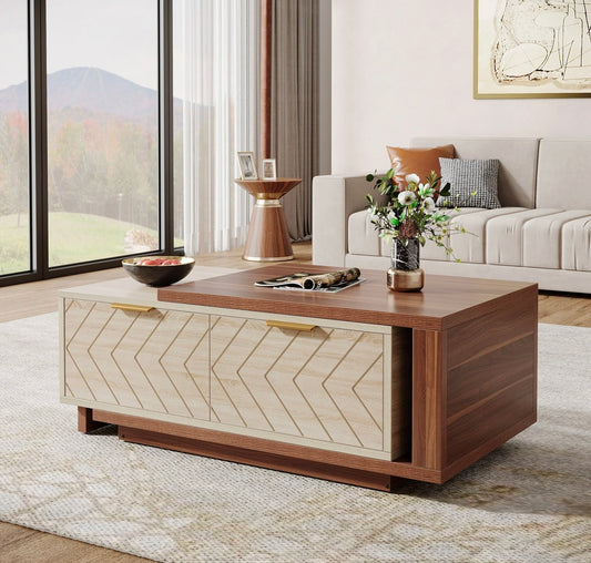 Extendable Coffee Table, Center Table Cocktail Table with 2 Storage Drawers
