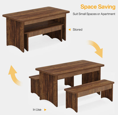 55" Kitchen Table with 2 Benches, 3-Piece Dining Table Set for 4-6 People