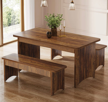 55" Kitchen Table with 2 Benches, 3-Piece Dining Table Set for 4-6 People