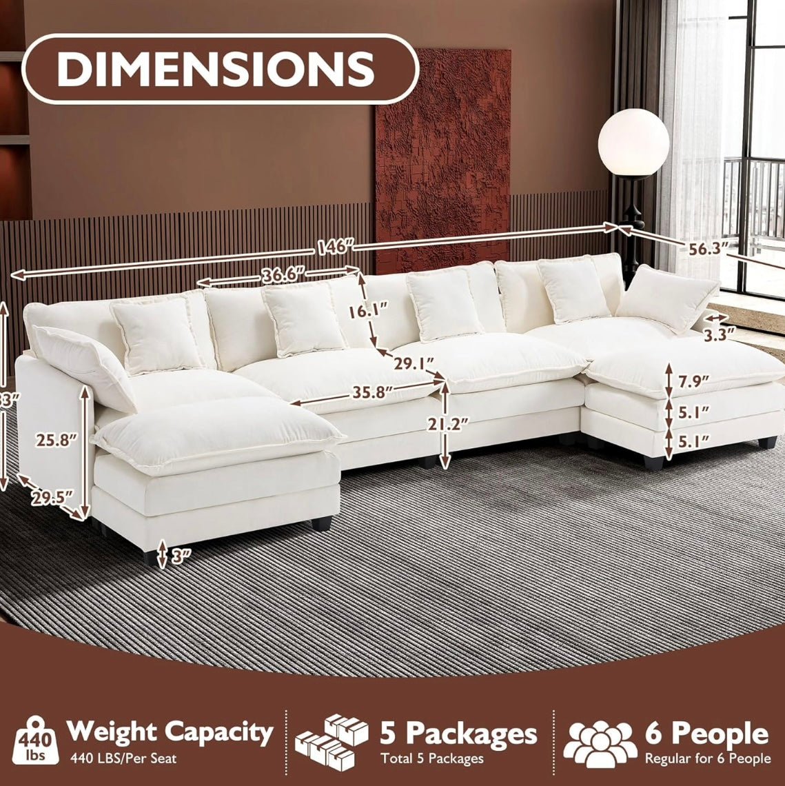 146" U-Shaped Modern Sofa Modular Sectional Cloud Couch