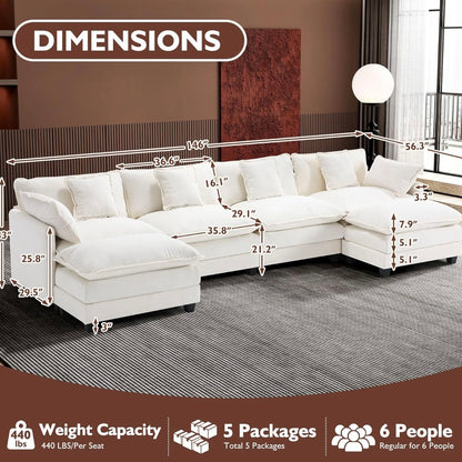 146" U-Shaped Modern Sofa Modular Sectional Cloud Couch