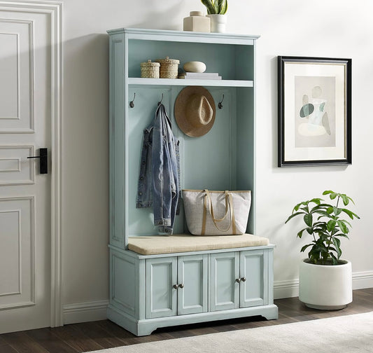 Hall Tree with Shoe Rack Bench and Coat Hooks for Hanging Storage, Distressed Seafoam Blue