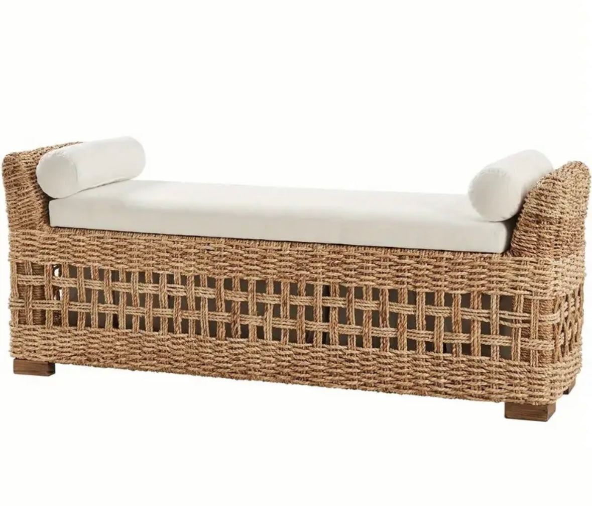 Rattan Storage Bench, Upholstered End of Bed Ottoman Bench