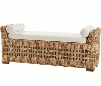 Rattan Storage Bench, Upholstered End of Bed Ottoman Bench