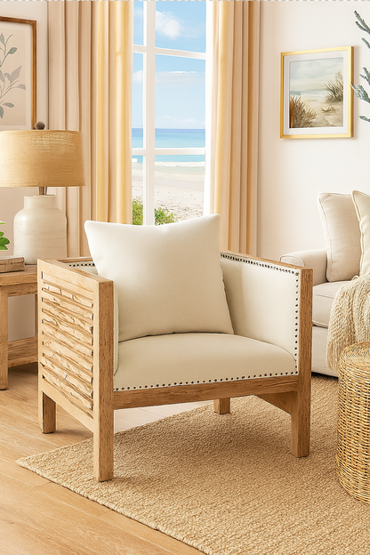 Coastal Wood Accent Chair with Cream Upholstery